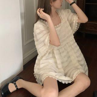 Short-sleeve Square-neck Lace Dress Almond - One Size