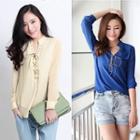 Lace Up Front Long Sleeve Chiffon Top