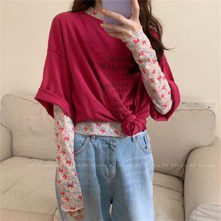 Long-sleeve Mock Neck Floral T-shirt / Short-sleeve Floral T-shirt