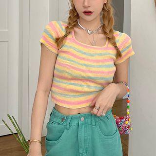 Striped Short-sleeve T-shirt Stripe - Prink & Yellow & Blue - One Size