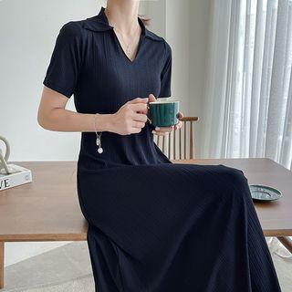 Collared Ribbed Maxi A-line Dress