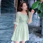 Puff-sleeve Plain Sequined A-line Dress