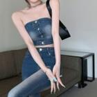 Denim Tube Top / High Waist Flared Jeans