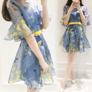 Printed Ruffled A-line Dress