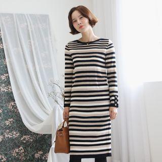 Button-cuff Stripe Knit Dress