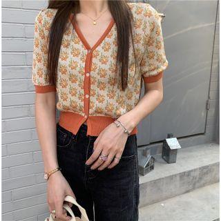 Long-sleeve Floral Print Cropped Cardigan Tangerine Red - One Size