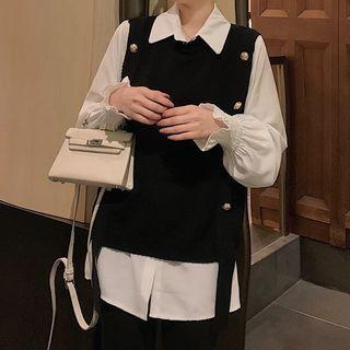 Set: Plain Button-up Shirt + Buttoned Sleeveless Knit Top