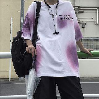 Couple Matching Dye Print Letter Embroidered Elbow-sleeve T-shirt
