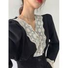 Lace Trim V-neck Long-sleeve Midi A-line Dress Black - One Size