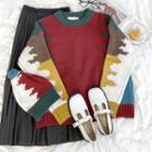 Long-sleeve Panel  Knit Sweater Sweater - One Size