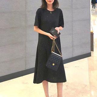 Glitter Elbow-sleeve Midi T-shirt Dress
