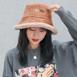 Embroidered Smiley Fleece-lined Faux Suede Bucket Hat E-153 - Smiley Face - Faux Suede - Black - One Size