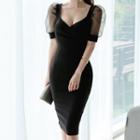 Puff-sleeve V-neck Midi Bodycon Dress