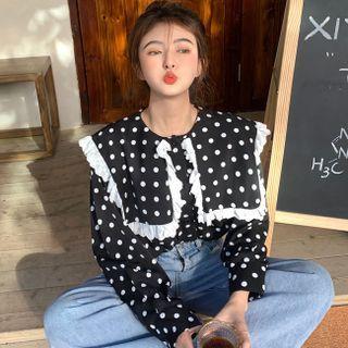 Long-sleeve Sailor-collar Polka Dot Shirt Black - One Size