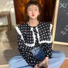 Long-sleeve Sailor-collar Polka Dot Shirt Black - One Size