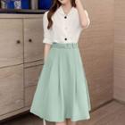 Set: Short-sleeve Plain Blouse + A-line Skirt