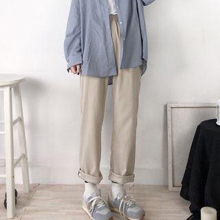 Plain Straight-leg Pants Beige - One Size