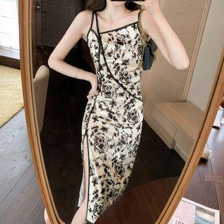 Spaghetti Strap Floral Print Slit Sheath Dress