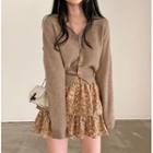 Plain Cardigan / Floral Print Mini Skirt / Set