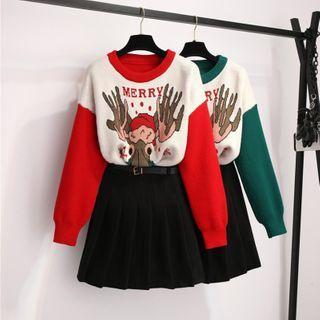 Deer Print Sweater / A-line Skirt / Set