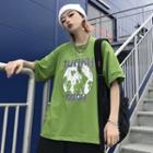 Elbow-sleeve Print T-shirt Matcha Green - One Size