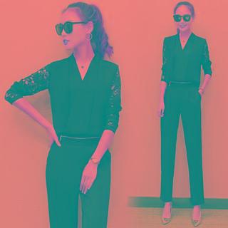 Set: Lace Panel Long-sleeve Top + High Waist Straight Leg Pants