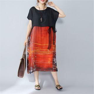 Short-sleeve Print Panel Midi Dress