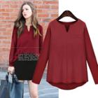 Long-sleeve Notched Neck Plain Top