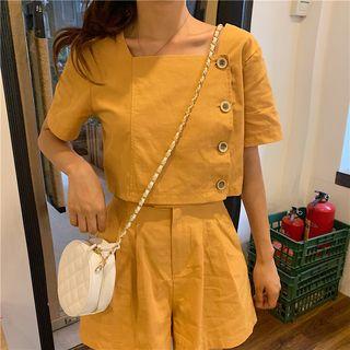 Set Of 2: Plain Button Top + Plain Wide-leg Shorts