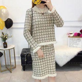 Set: Fringed Trim Tweed Sweater + Straight-fit Knit Skirt