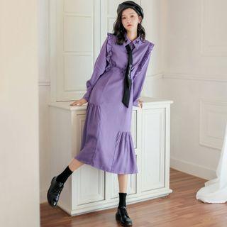 Butterfly Print Ruffle Hem Midi A-line Shirtdress