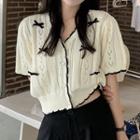 Short-sleeve Bow Cardigan Beige - One Size
