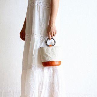 Genuine Leather Ring Handle Canvas Bucket Bag