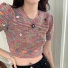 Short-sleeve Rhinestone Cropped Knit Top Top - Pink & Blue & Yellow - One Size