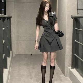 Puff-sleeve V-neck A-line Shirt Dress
