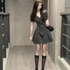 Puff-sleeve V-neck A-line Shirt Dress