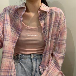 Long-sleeve Plaid Shirt / Spaghetti Strap Top