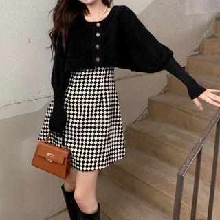 Puff-sleeve Cardigan / Spaghetti Strap Argyle Print A-line Dress