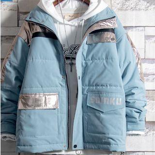 Color Block Lettering Padded Zip Jacket