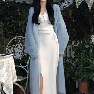 Long-sleeve Bow-accent Slit Midi Sheath Dress / Long Open-front Cardigan / Set