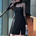 Long-sleeve Dotted Mesh Top / Chain-strap Slit Mini A-line Dress
