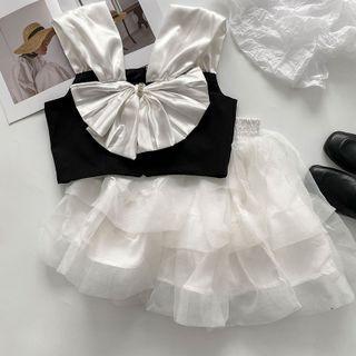 Bow Cropped Camisole Top / Mesh Mini A-line Skirt