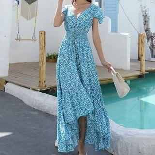 Short-sleeve Floral Print Open Back Midi A-line Dress