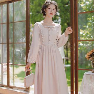 Long-sleeve Ruffled Tie-front Midi A-line Dress