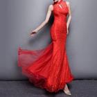 Embellished Sleeveless Mandarin Collar Mermaid Lace Evening Gown