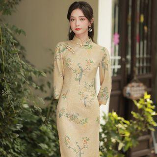 Bird Print 3/4 Sleeve Qipao Dress