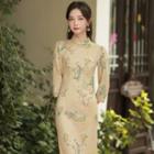 Bird Print 3/4 Sleeve Qipao Dress