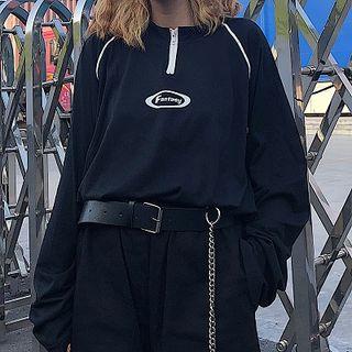Long-sleeve Half Zip Lettering T-shirt Black - One Size