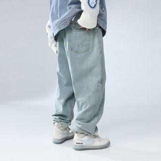 Lettering Print Wide Leg Washed Jeans