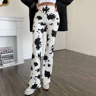 Ribbed Cow Print Boot-cut Pants